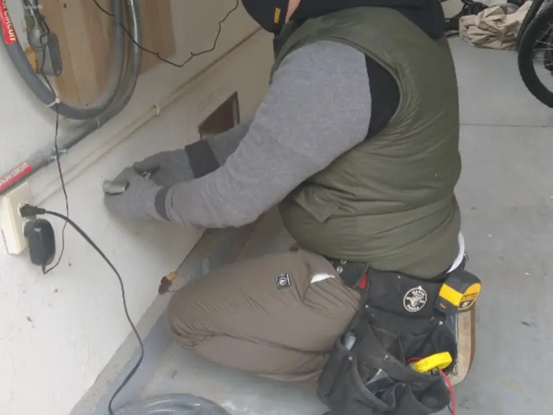 Electrician performing outlet wiring in a Kendall West garage